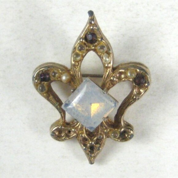 Vintage Fleur De Lis Brooch Opalescent Glass Faux Pearls WORN MISSING - Picture 1 of 5
